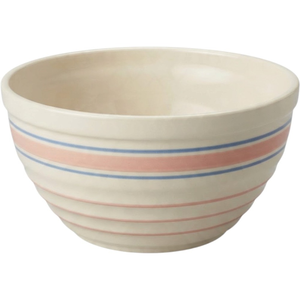 Vintage Beehive Stoneware Mixing Bowl Pink Blue Stripes Ribbed Pottery 9 Inch